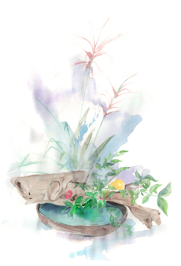 watercolour image of an ikebana arrangement